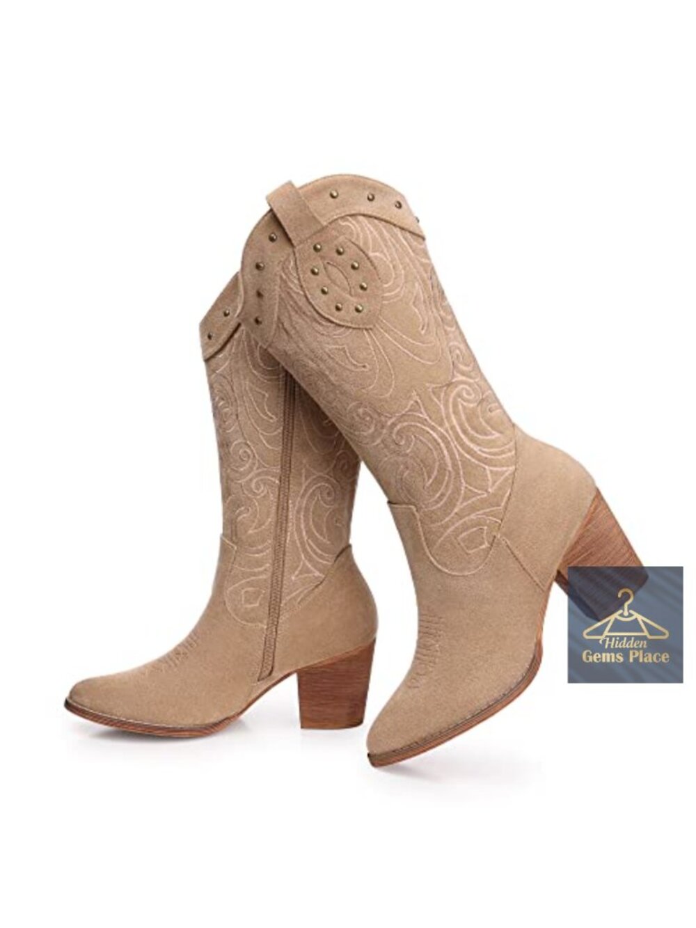 Women's Mid-Calf Cowboy Boots Faux Suede Pointed Toe Block Heel Embroidered
